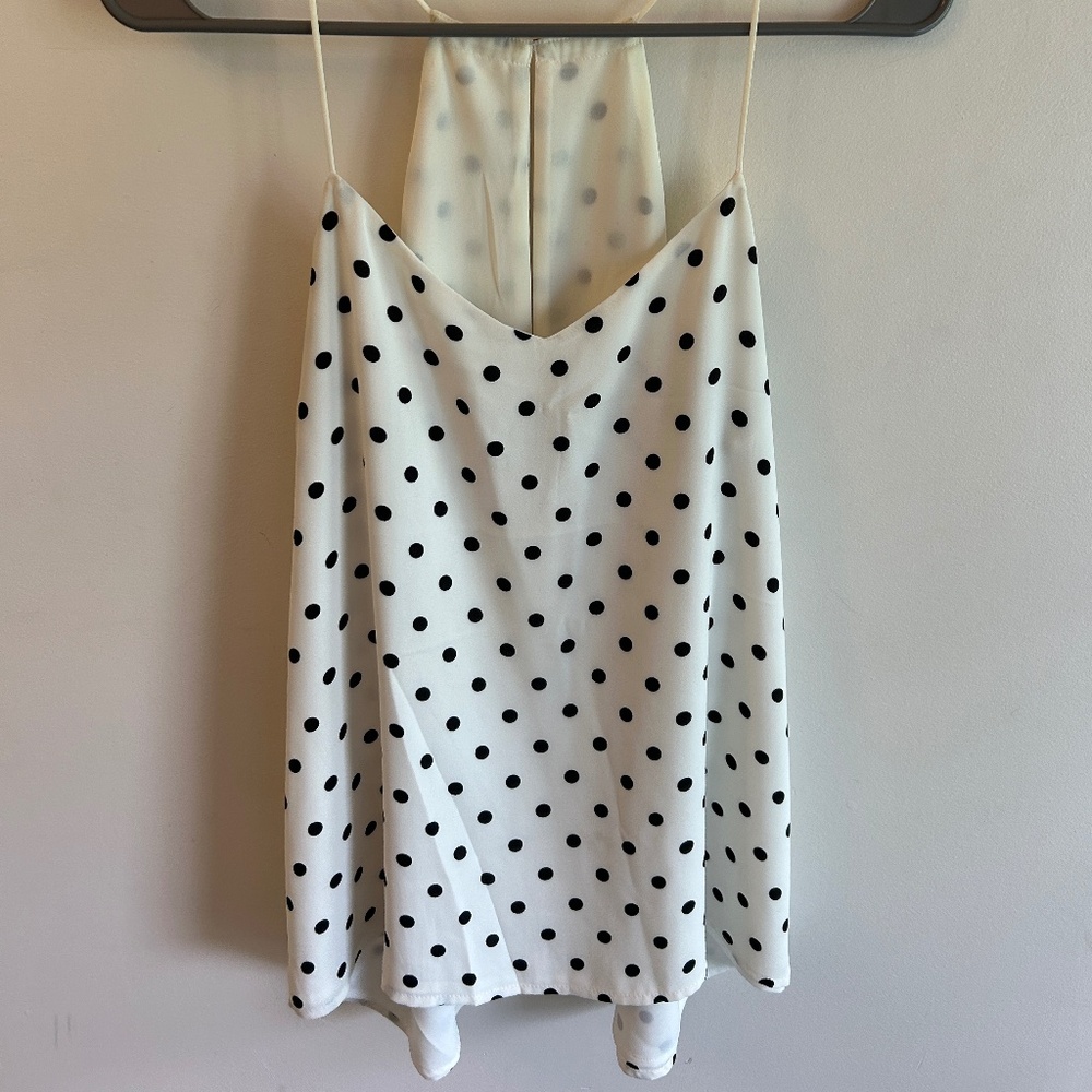 Express Women's Medium White with Black Polka Dot Spaghetti Strap Tank Top